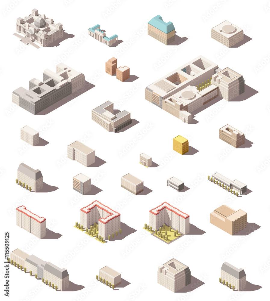 Vector isometric minimalistic low poly icon set or map infographic elements city buildings, homes and offices