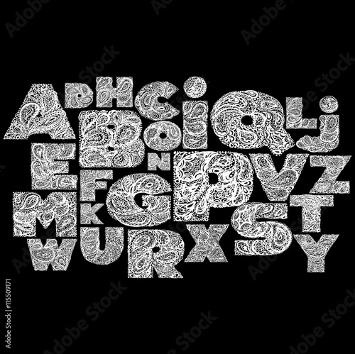 Decorative Alphabet with a paisley zen doodle tattoo ornaments f