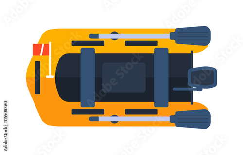 Summer fishing dinghy boat rowing adventure. Vector inflatable rubber dinghy boat. Dinghy boat outdoor recreation vacation river activity. Nature relaxation oar hobby vessel equipment.