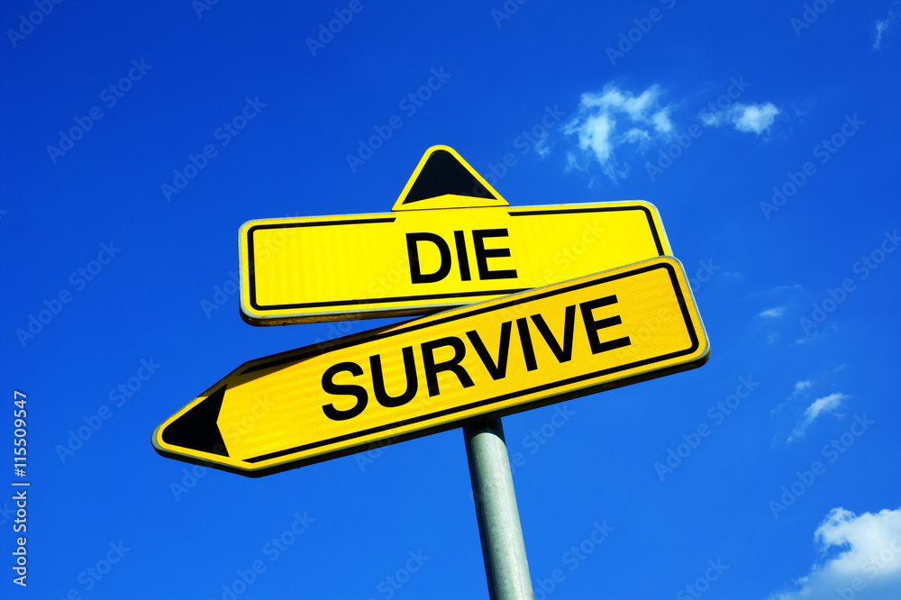 Die or Survive - Traffic sign with two options - death of live after tragedy, catastrophe, accident or during terminal period of disease. Die or Survive - Traffic sign with two options - death of live after tragedy, catastrophe, accident or during terminal period of disease.