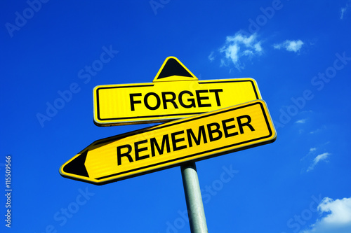 Forget or Remember - Traffic sign with two options - choice to improve memory recall, remembrance, recollection, reminiscence and prevent forgetting