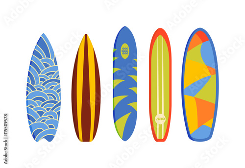 Vector modern colorful surfing boards set on white background. Retro design summer beach surfing boards summer time wave sport. Extreme action pattern surfing boards activity travel.
