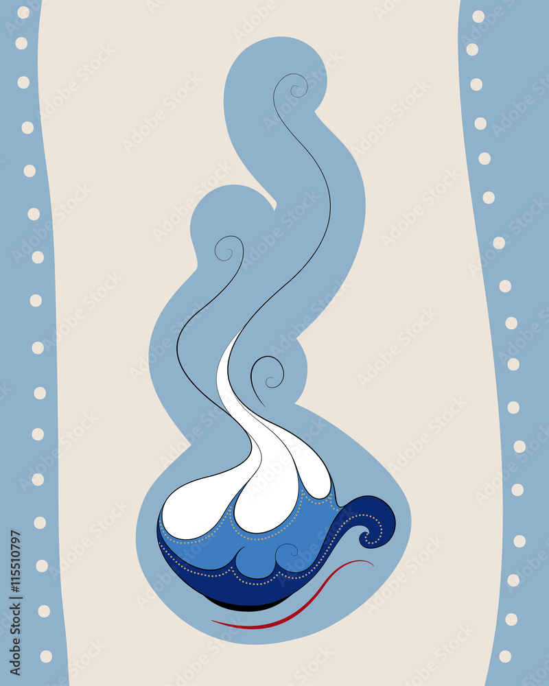 Naklejka premium Cafe design for businesses near coast, beach, sea, ocean, lakes, rivers, on islands, sailing vehicles or other. Vector drawing of a drink cup with water waves. Could be coffee, tea or other drink