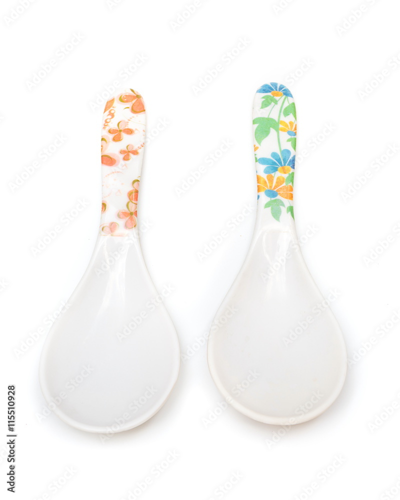 Two spoon plastic ladle for scoop food. isolated on white background Two spoon plastic ladle for scoop food. isolated on white background