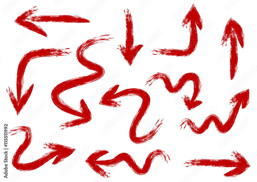 Set of arrows painted rough brush by hand. Tough red strokes. 12 elements isolated on white background. Abstract. Set of arrows painted rough brush by hand. Tough red strokes. 12 elements isolated on white background. Abstract.