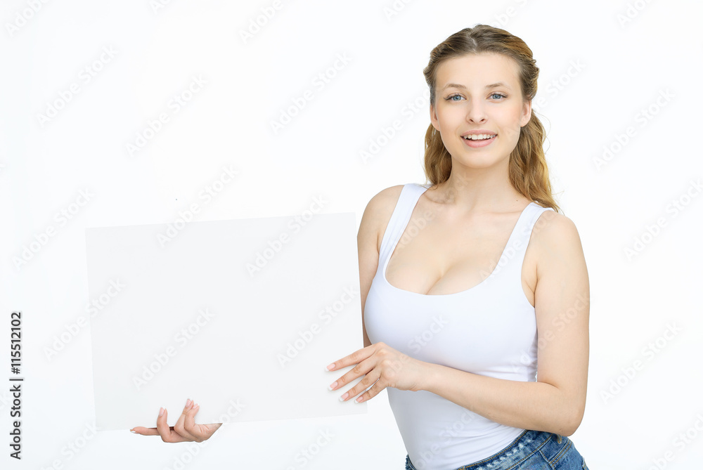 Young smiling woman show blank card or paper on white background. Young smiling woman show blank card or paper on white background.