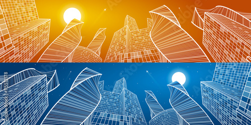 Business building, mega panorama of day and night city. Urban scene, infrastructure illustration, modern architecture, skyscrapers, airplanes flying, vector design art