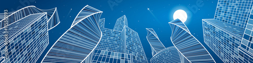 Business building, mega panorama of night city, urban scene, infrastructure illustration, modern architecture, skyscrapers, airplanes flying, vector design art