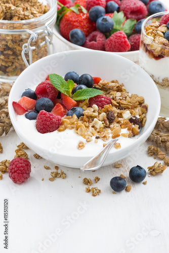 healthy breakfast with natural yogurt, muesli and fresh berries