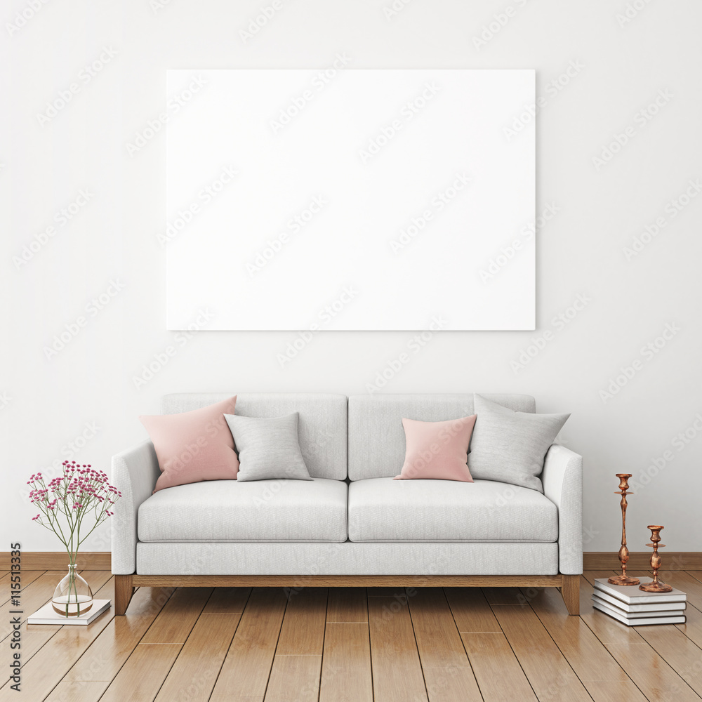 Horizontal interior poster mock-up with fabric sofa and pillows on  white wall background. 3D rendering.
