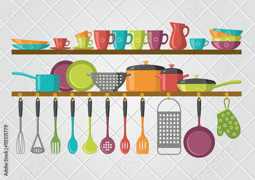 kitchen shelves and cooking utensils