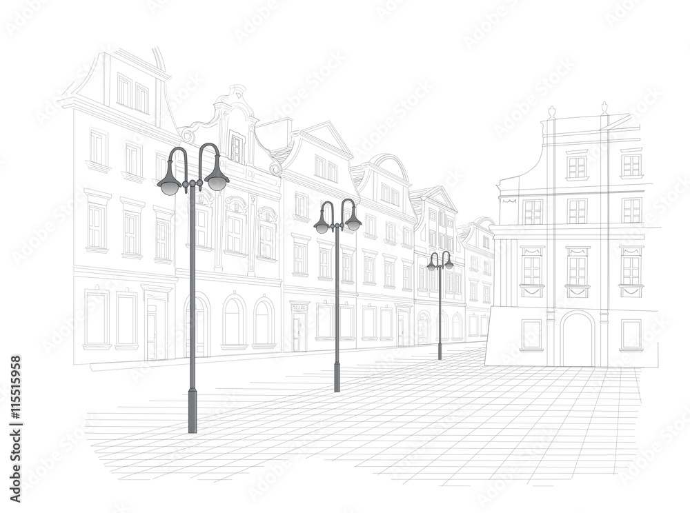 Sketch of old town square in Poland