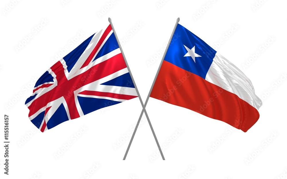 3d illustration of UK and Chile flags together waving in the wind