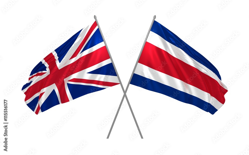 3d illustration of UK and Costa Rica flags together waving in the wind
