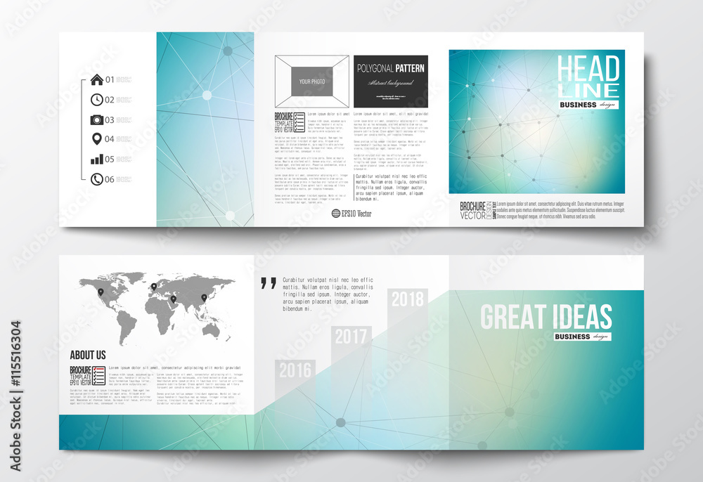 Vector set of tri-fold brochures, square design templates. Molecular construction with connected lines and dots, scientific pattern on gray background.