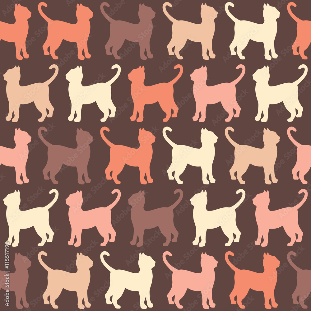 Yellow and red, orange  silhouette cats seamless pattern. 