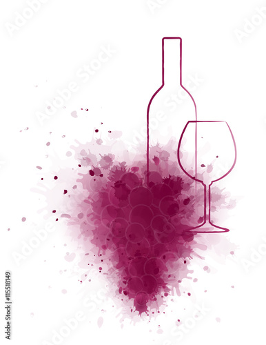 wine bottle and glass with grunge grape