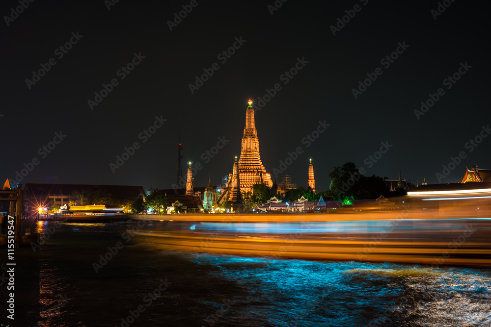 Temple of dawn or Wat Arun with speed of boat
