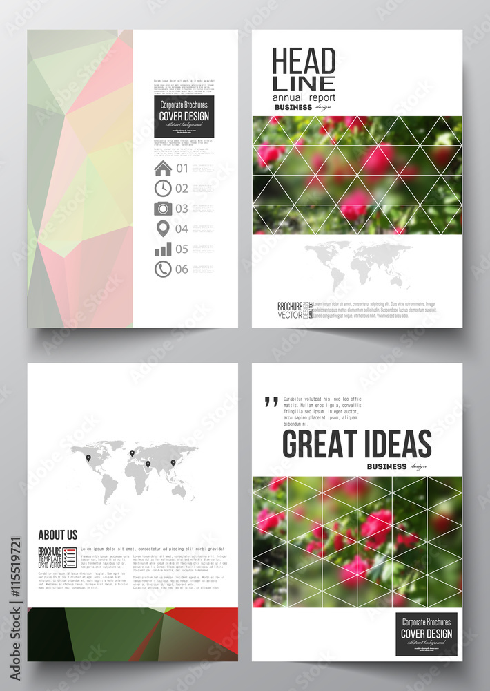 Set of business templates for brochure, magazine, flyer, booklet or annual report. Colorful polygonal floral background, blurred image, red flowers on green, modern triangular texture