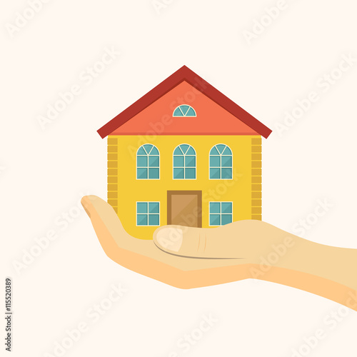 Affordable housing icon. House in hand vector illustration. Flat style