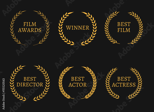 Film academy awards winners and best nominee gold wreaths on black background.