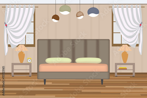 Bedroom Illustration. Elevation Room with Bed, Side Table, Lamp, Window and Curtains. Furniture Set for Your Interior Design .