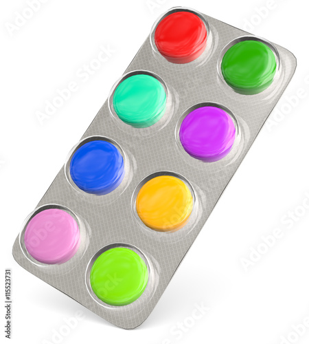3d Tabletten bunt, jede Farbe für einen anderen Zweck..Die Kraft der Farben zur Heilung. photo