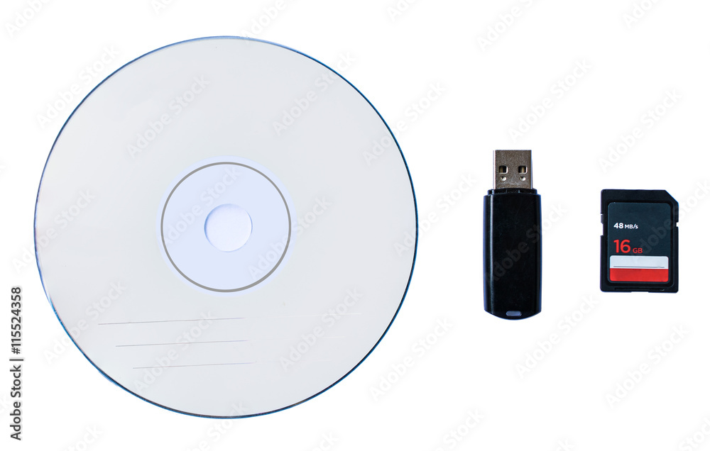 Blank CD/DVD, USB drive, Black memory SD. card on white backgrou Stock  Photo | Adobe Stock