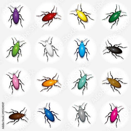 Beetles - colorful swarm of sixteen glossy bugs in spotlights.