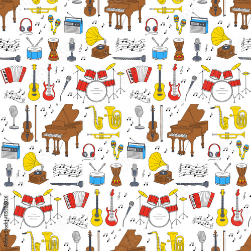 Musical instruments and symbols seamless background.