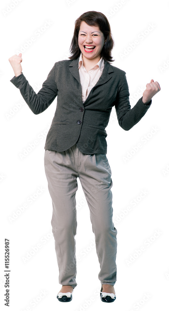 Excited business woman with opened mouth. Happy young female making yes gesture cutout. Isolated on white background. Excited business woman with opened mouth. Happy young female making yes gesture cutout. Isolated on white background.