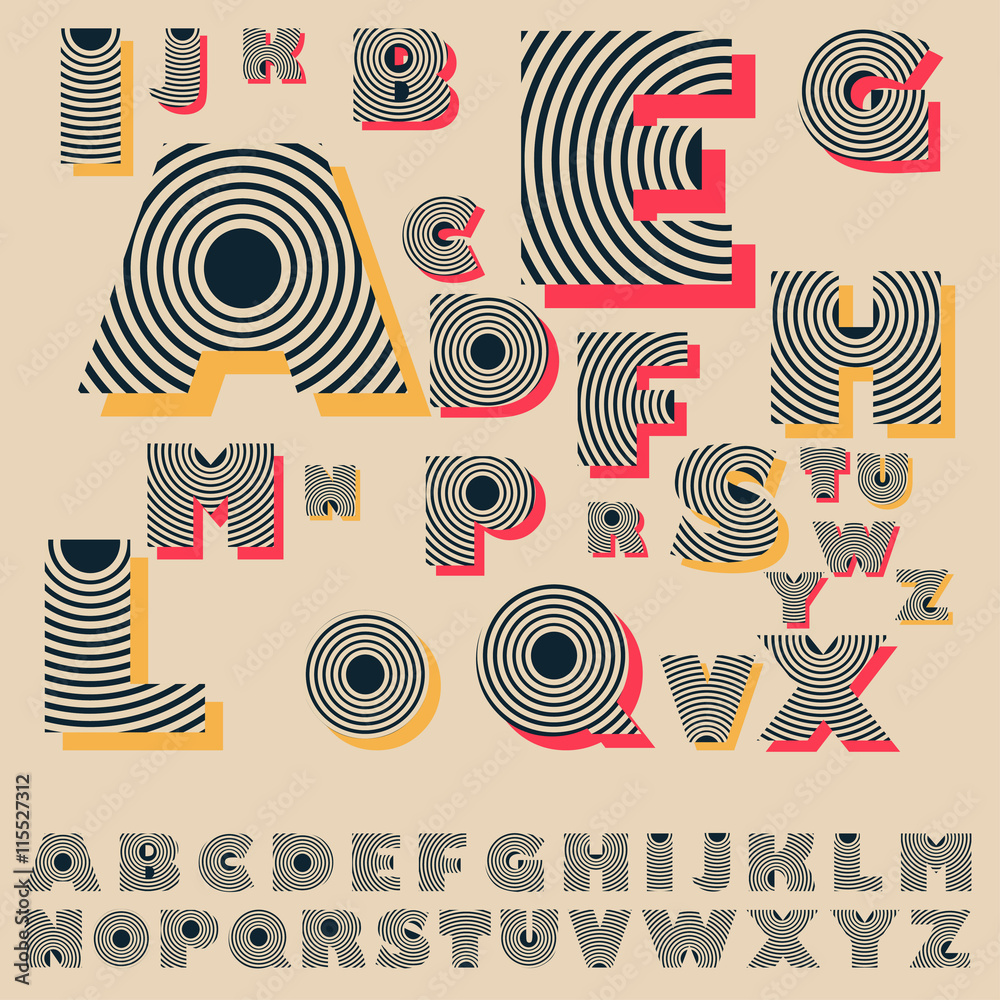 vintage decorated alphabet with concentric circles pattern in black red, and yellow