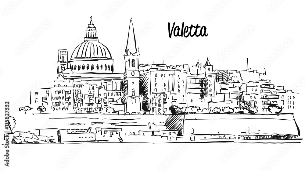 Valetta, Malta. Panorama Waterfront Outline Vector Sketch