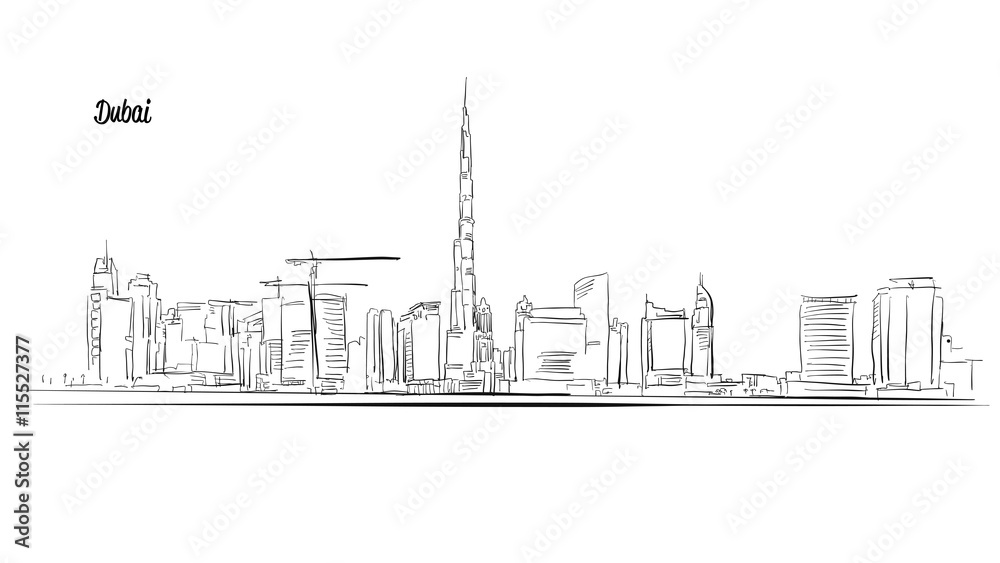 Dubai, United Arab Emirates. Panorama Vector Outline Sketch