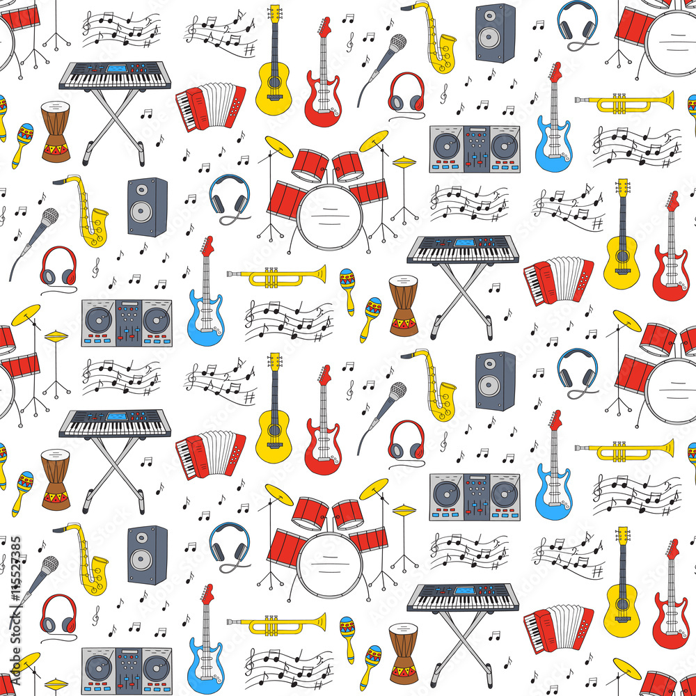 Fototapeta premium Music icons vector illustrations hand drawn doodle seamless background. Musical instruments and symbols guitar, drum set, synthesizer, dj mixer, stereo, microphone, accordion,saxophone, headphones.