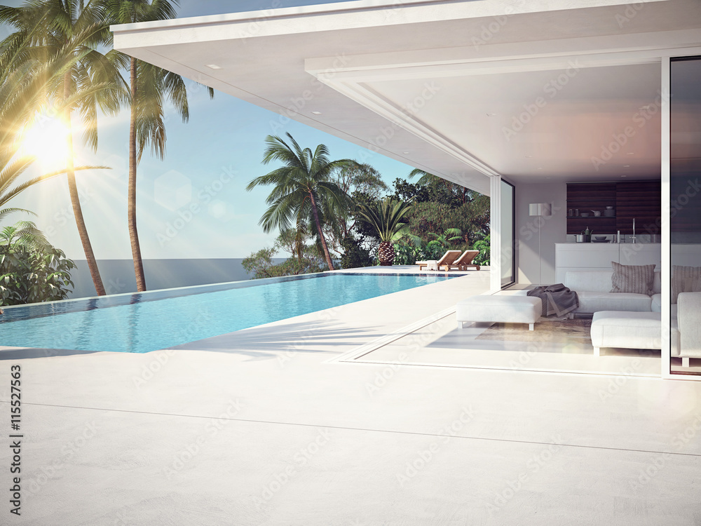 Luxury swimming pool and blue water. 3d rendering