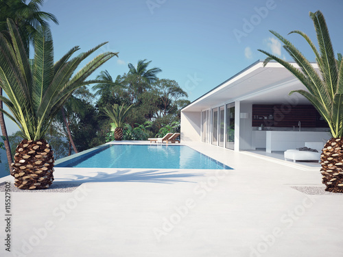 Luxury swimming pool and blue water. 3d rendering photo