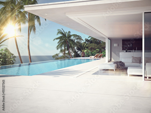 Luxury swimming pool and blue water. 3d rendering