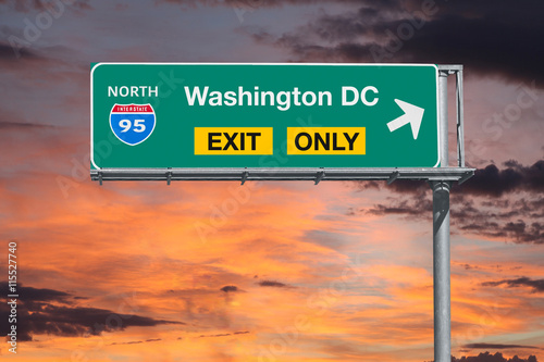 Washington DC Exit Only Freeway Sign with Sunrise Sky