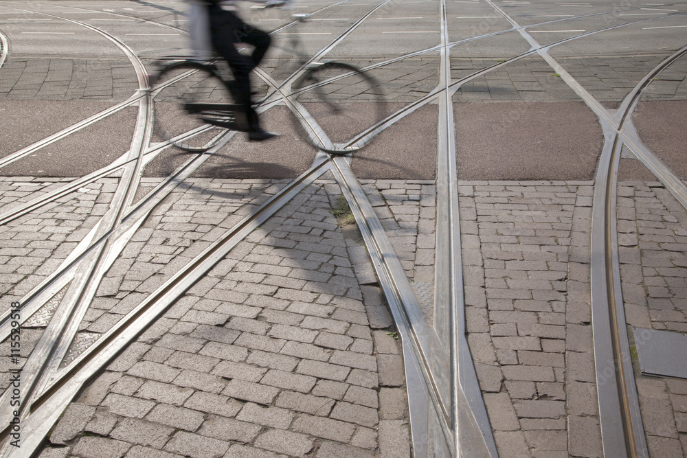 Bike and Cyclist on Tram Tracks, Rotterdam