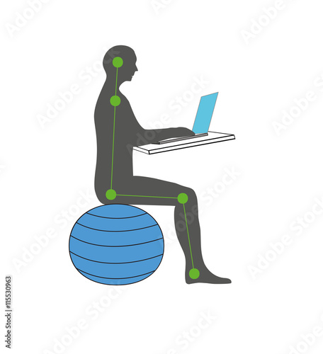 correct posture sitting on a fitness ball with computer. vector illustration.