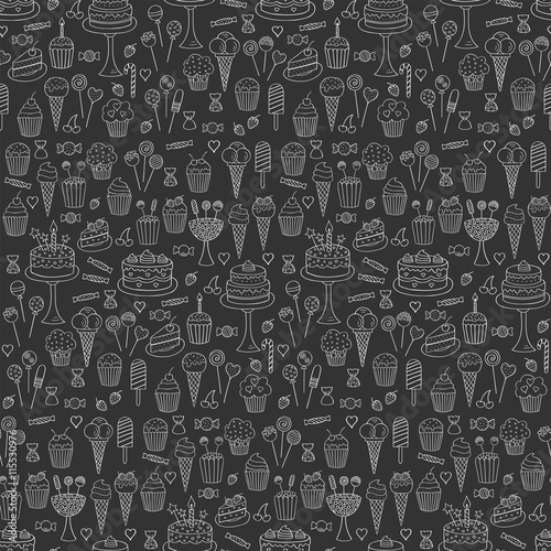Sweets hand drawn doodle vector seamless background. Dessert illustrations pastries, birthday cake, cupcake, ice cream, candy, lollipop, chocolate.