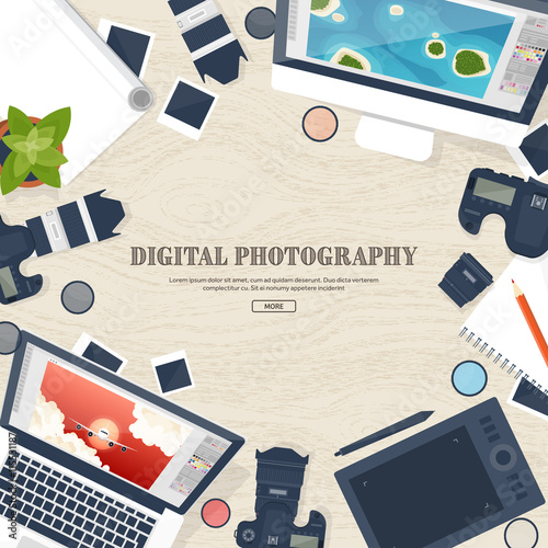 Photographer equipment on a table. Photography tools, photo editing, photoshooting flat background. Digital photocamera with lens. Vector illustration.
