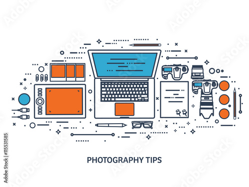 Photographer equipment on a table. Photography tools, photo editing, photoshooting flat background. Digital photocamera with lens. Vector illustration.Line art.