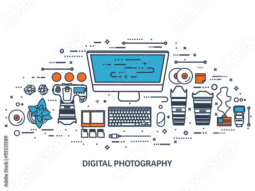 Photographer equipment on a table. Photography tools, photo editing, photoshooting flat background. Digital photocamera with lens. Vector illustration.Line art.