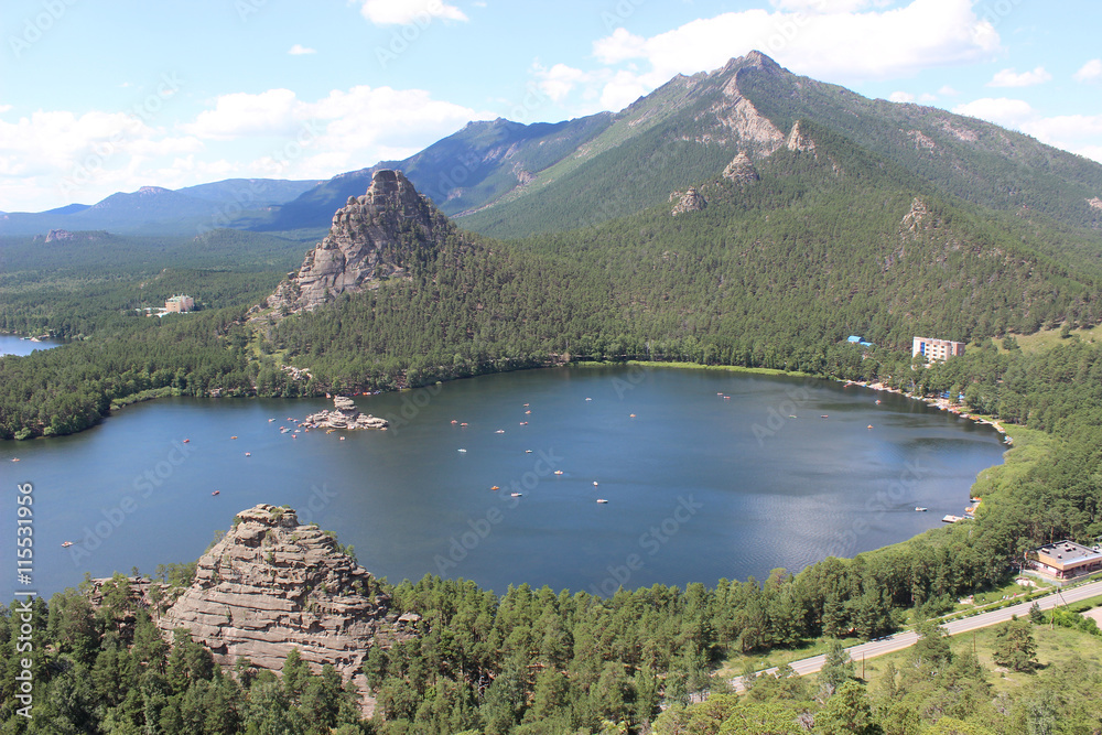 Lake in the mountains with a bird's-eye view