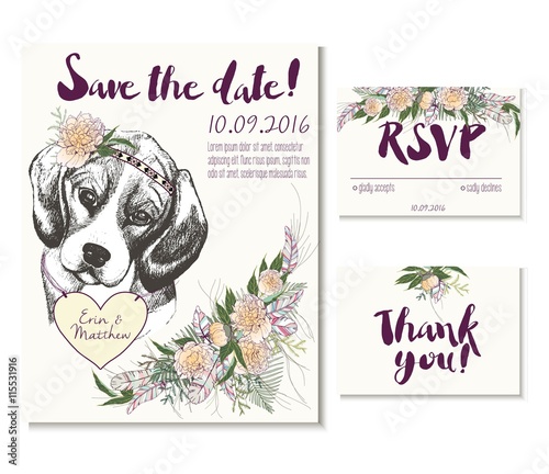 Wedding card set in trendy boho style.Beagle dog wearing flower crown and heart coulomb. Decorated with floral bouquet and feathers. Includes save the date. rsvp and thank you cards templates.