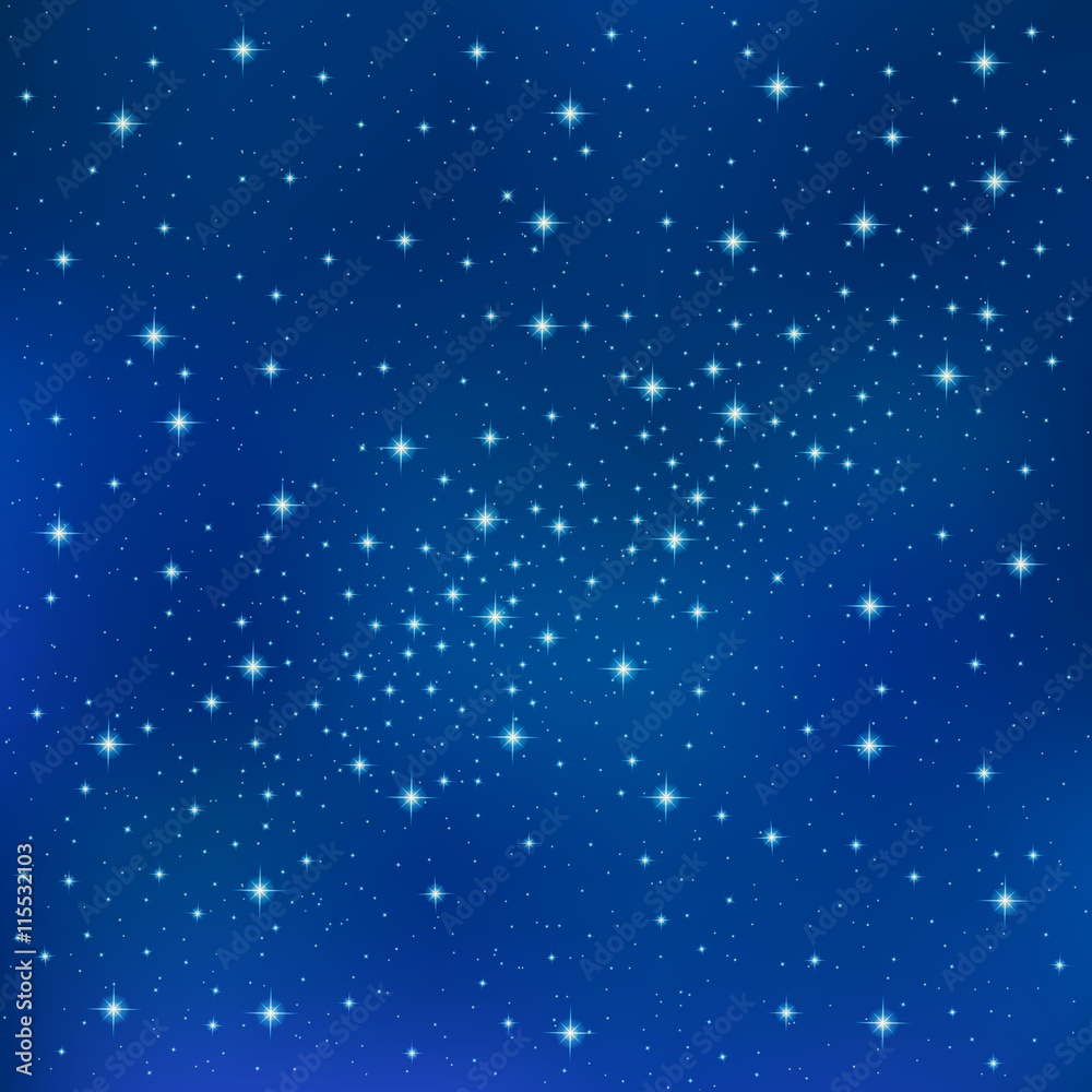 Obraz premium Abstract Blue background with sparkling twinkling stars. Cosmic shiny galaxy (atmosphere). Holiday blank backdrop texture for Christmas (Xmas), Happy New Year , glow milky way elements (fantasy sky)