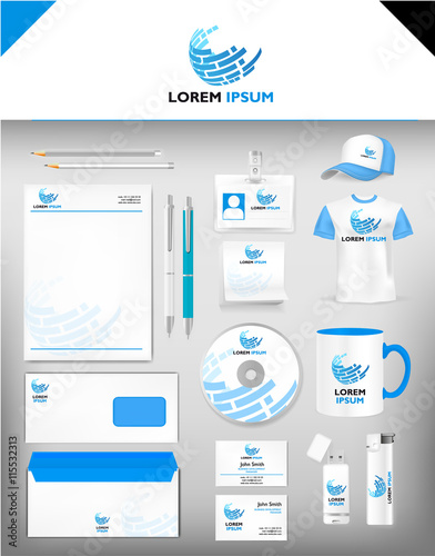 corporate identity template, realistic cup, business card, letterhead, envelope, usb stick, pen, lighter, t-shirt, hat. Abstract vector company professional  style for brand-book
