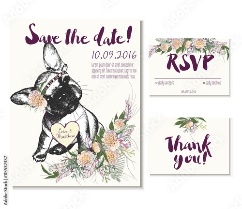 Wedding card set in trendy boho style. French bulldog wearing flower crown and heart coulomb. Decorated with floral bouquet and feathers. Includes save the date. rsvp and thank you cards templates.